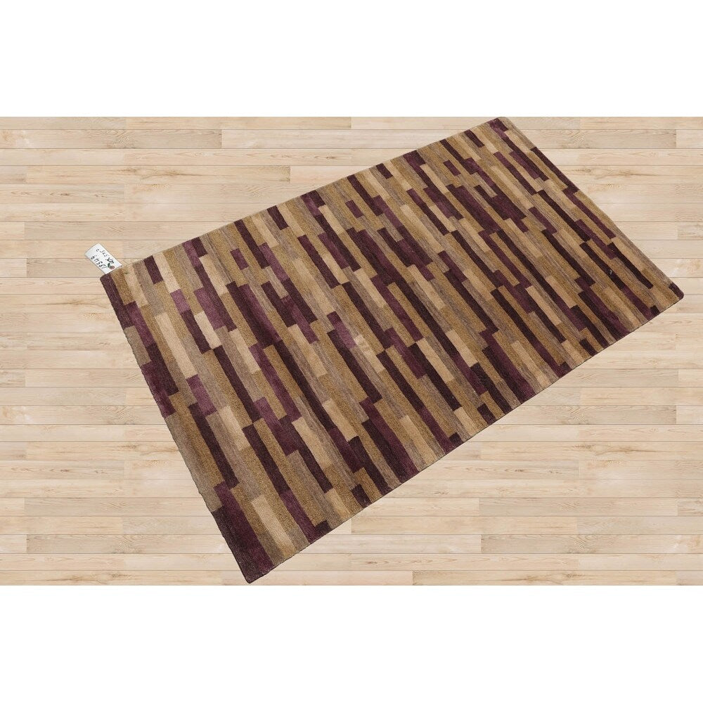 Hand Knotted Tibetan Aubergine Striped Wool & Silk Modern Area Rug - 3' x 5' 2''