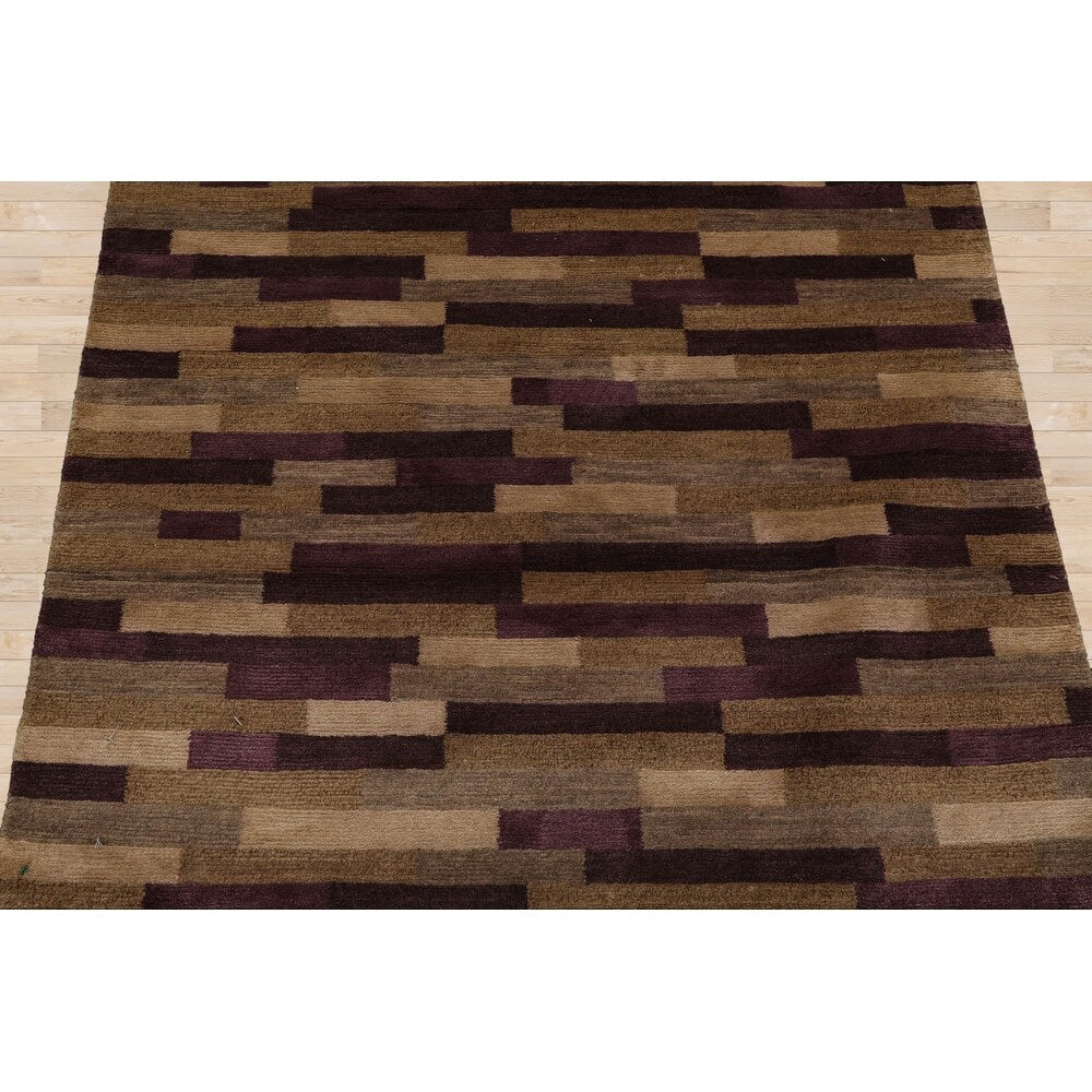 Hand Knotted Tibetan Aubergine Striped Wool & Silk Modern Area Rug - 3' x 5' 2''