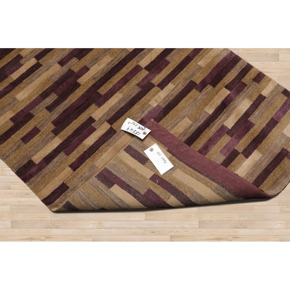 Hand Knotted Tibetan Aubergine Striped Wool & Silk Modern Area Rug - 3' x 5' 2''