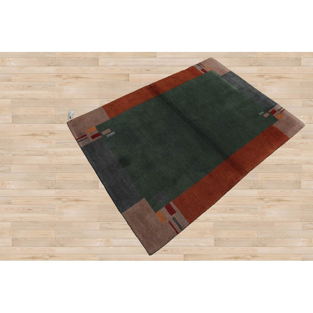 Hand Knotted Tibetan Green Bordered Wool Modern Oriental Area Rug - 4' x 6'