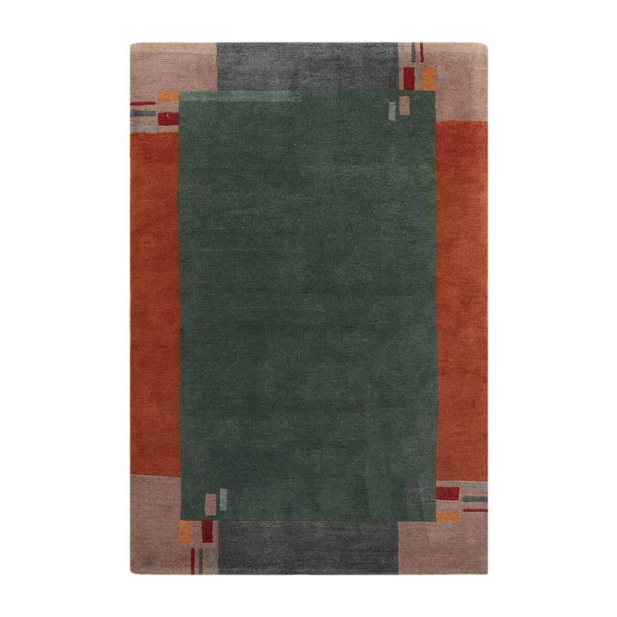 Hand Knotted Tibetan Green Bordered Wool Modern Oriental Area Rug - 4' x 6'