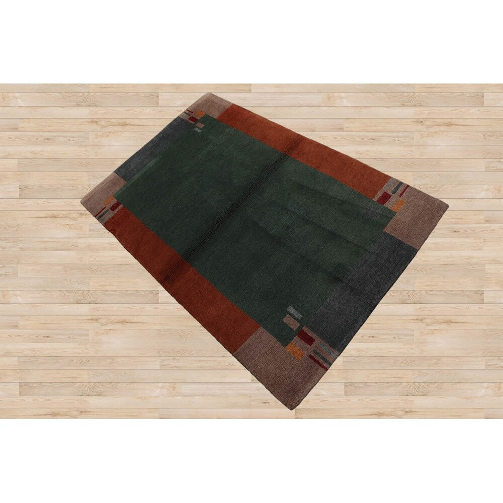 Hand Knotted Tibetan Green Bordered Wool Modern Oriental Area Rug - 4' x 6'