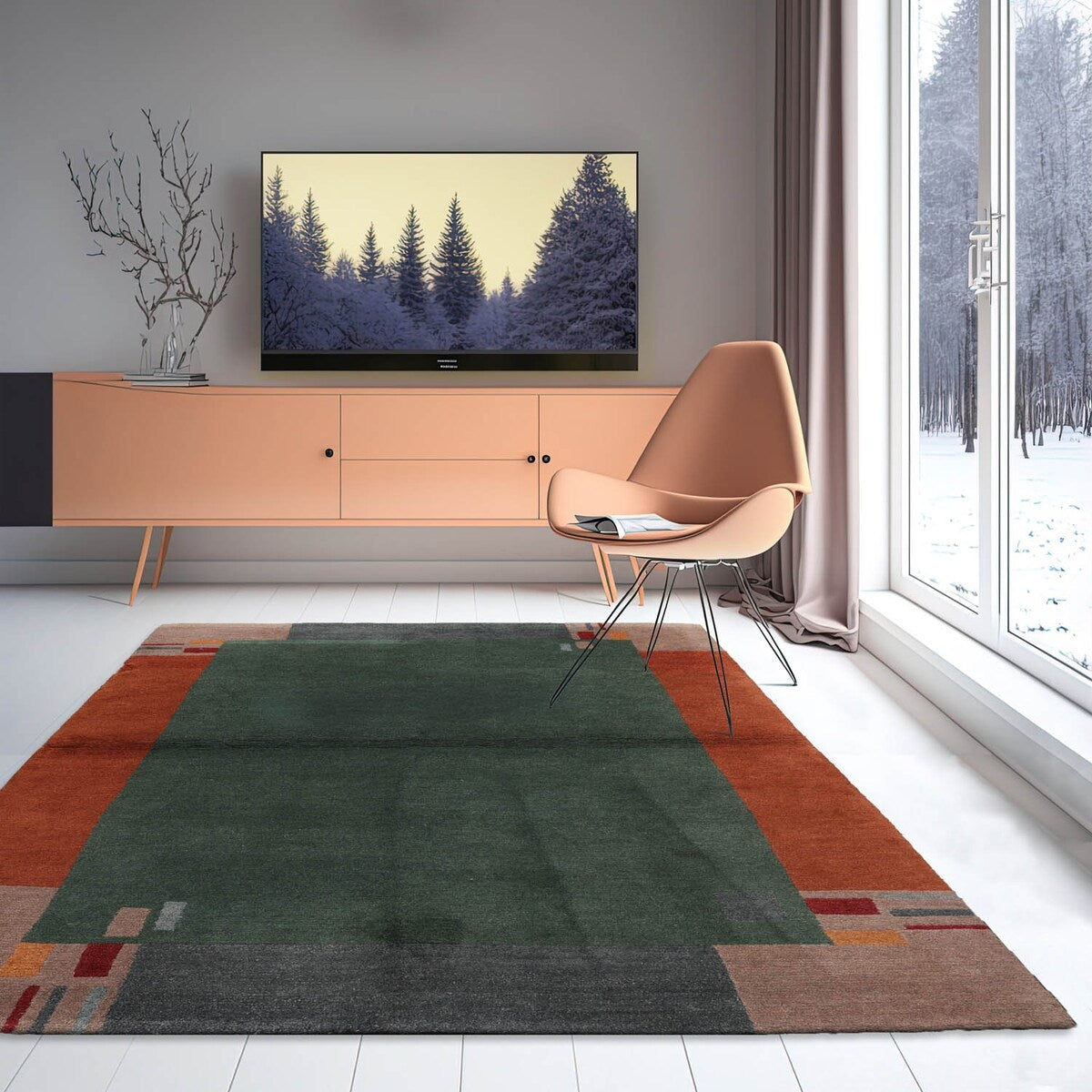 Hand Knotted Tibetan Green Bordered Wool Modern Oriental Area Rug - 4'