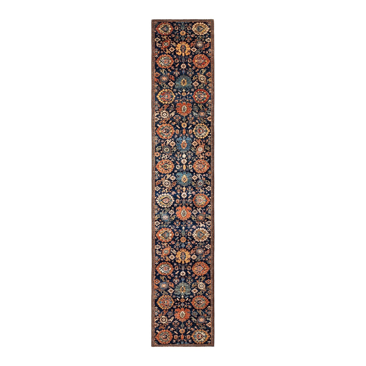 Overton Hand Knotted Wool Vintage Inspired Traditional Serapi Blue Runner Rug - 3' 0" x 16' 6"