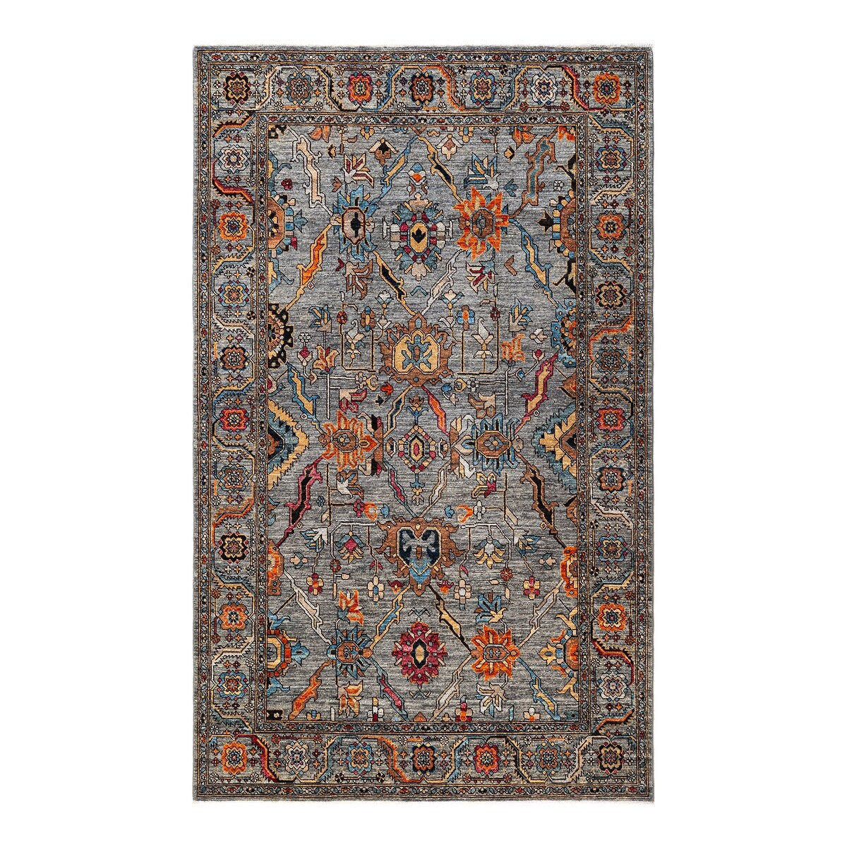 Hand Knotted Traditional Tribal Wool Gray Area Rug - 5' 3" x 8' 8