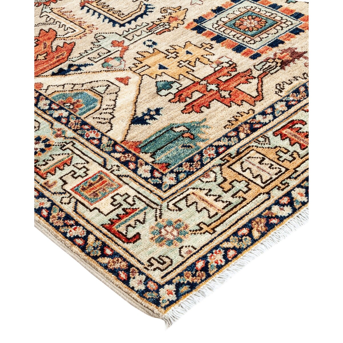 Hand Knotted Traditional Tribal Wool Ivory Area Rug - 4' 1" x 5' 10"