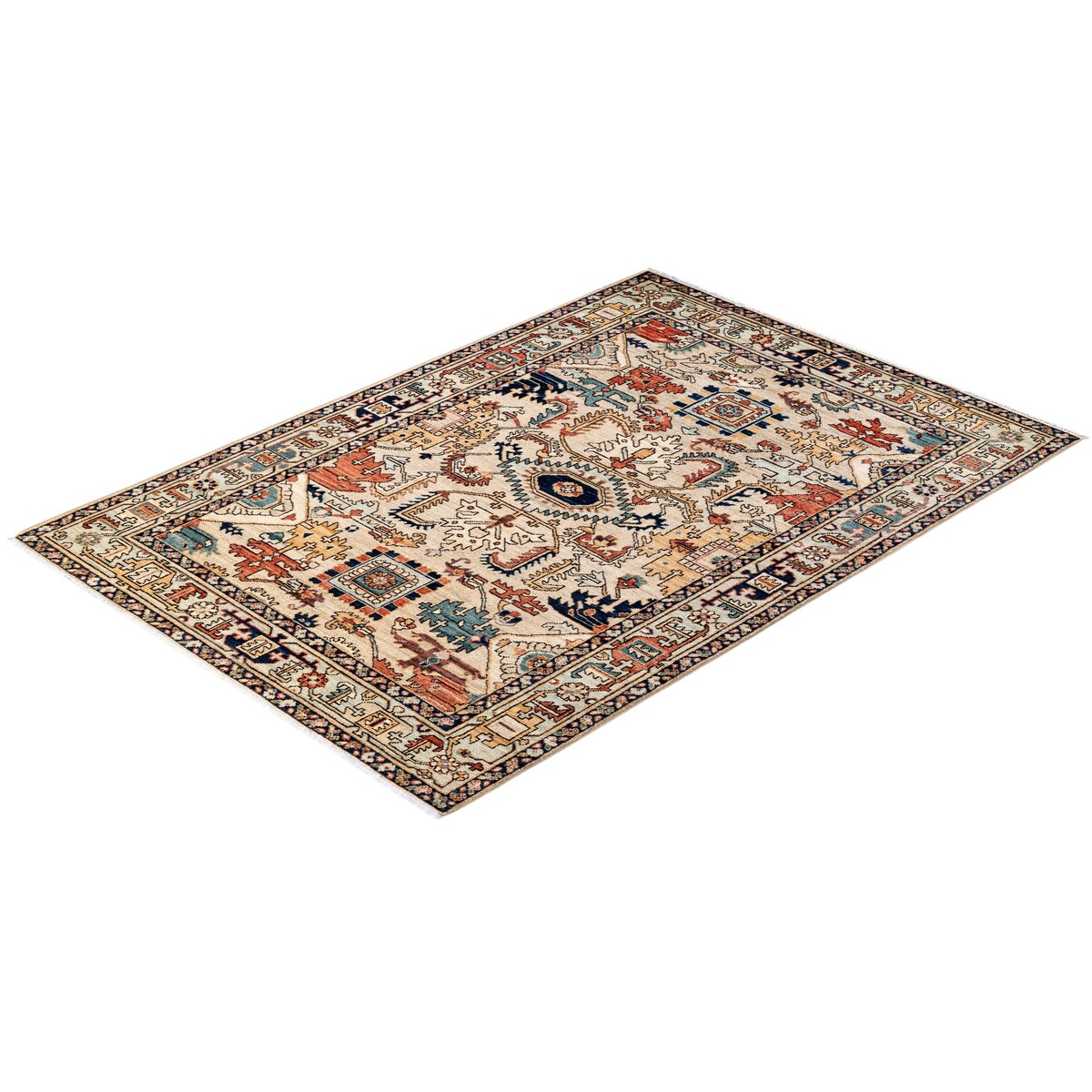Hand Knotted Traditional Tribal Wool Ivory Area Rug - 4' 1" x 5' 10"