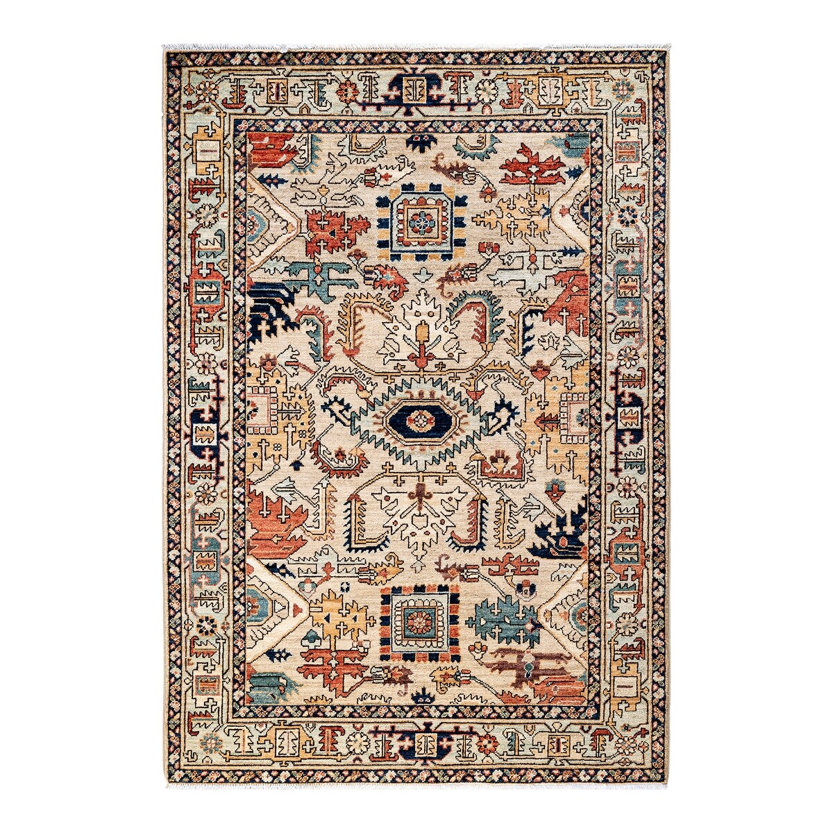 Hand Knotted Traditional Tribal Wool Ivory Area Rug - 4' 1" x 5' 10"