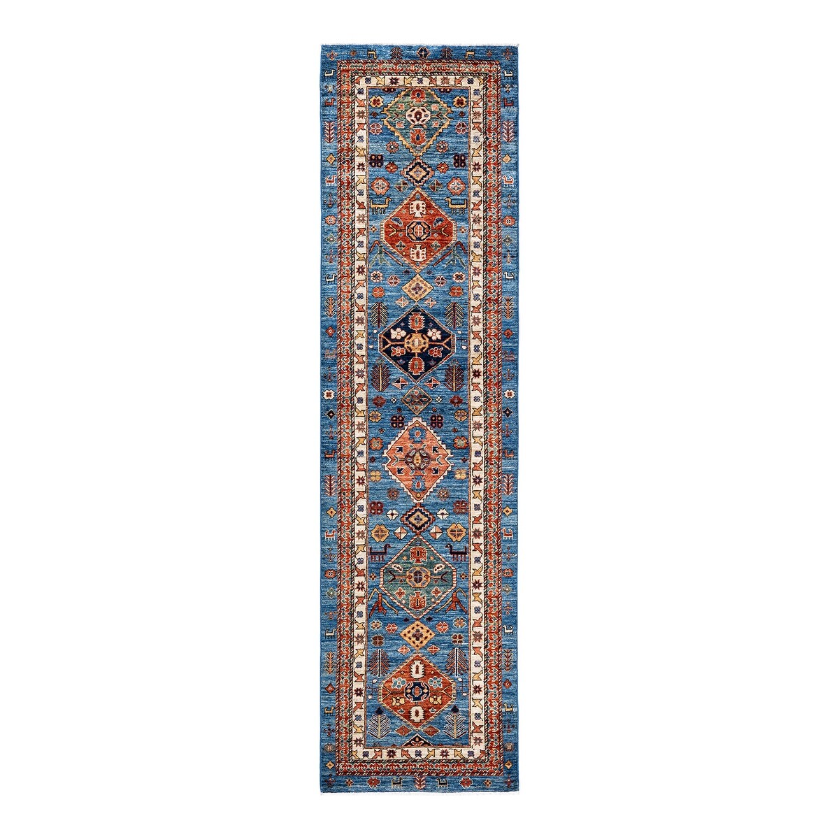 Hand Knotted Traditional Tribal Wool Light Blue Area Rug - 2' 7" x 10'