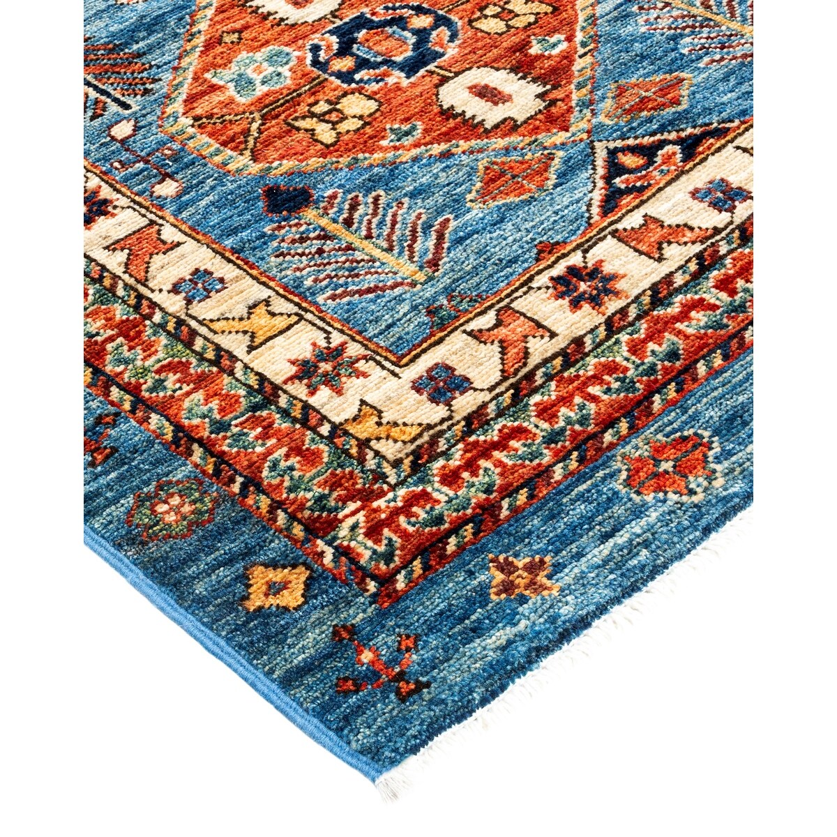 Hand Knotted Traditional Tribal Wool Light Blue Area Rug - 2' 7" x 10' 1"