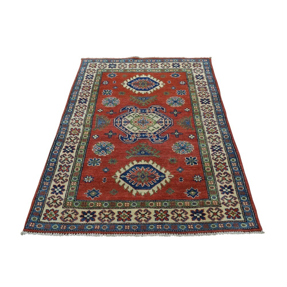 Red Pure Wool Hand-knotted Tribal Design Kazak Rug (3'3 x 4'9)