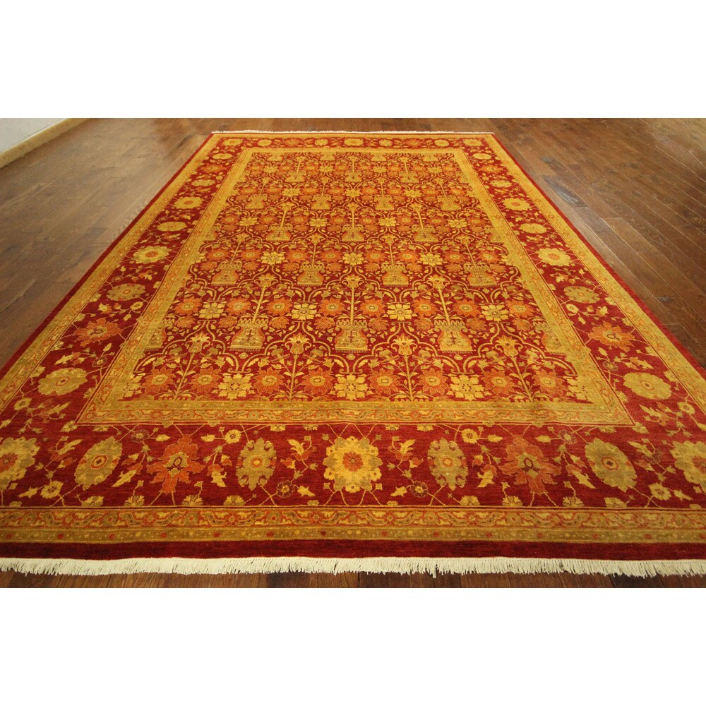 Hand-Knotted Wool Oriental Floral Red Chobi Rug (9'1 x 12'3)