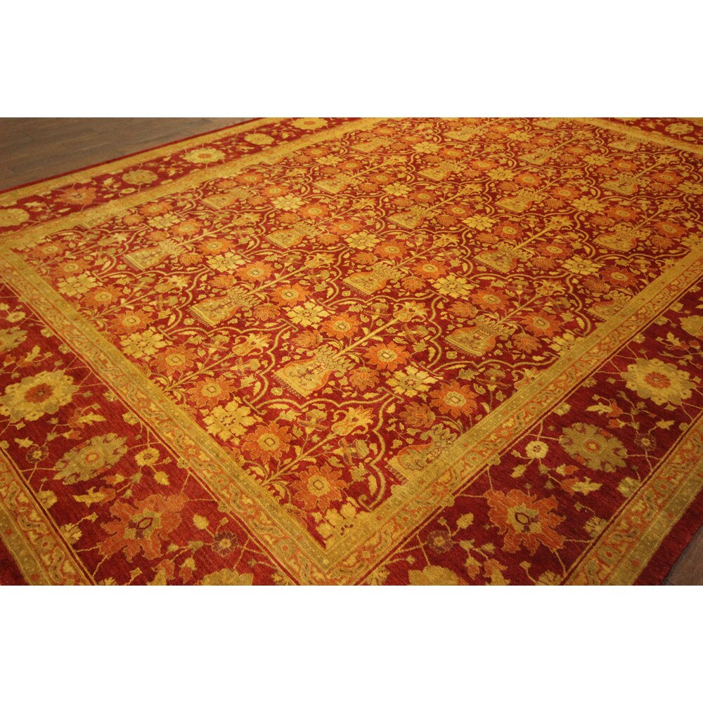 Hand-Knotted Wool Oriental Floral Red Chobi Rug (9'1 x 12'3)