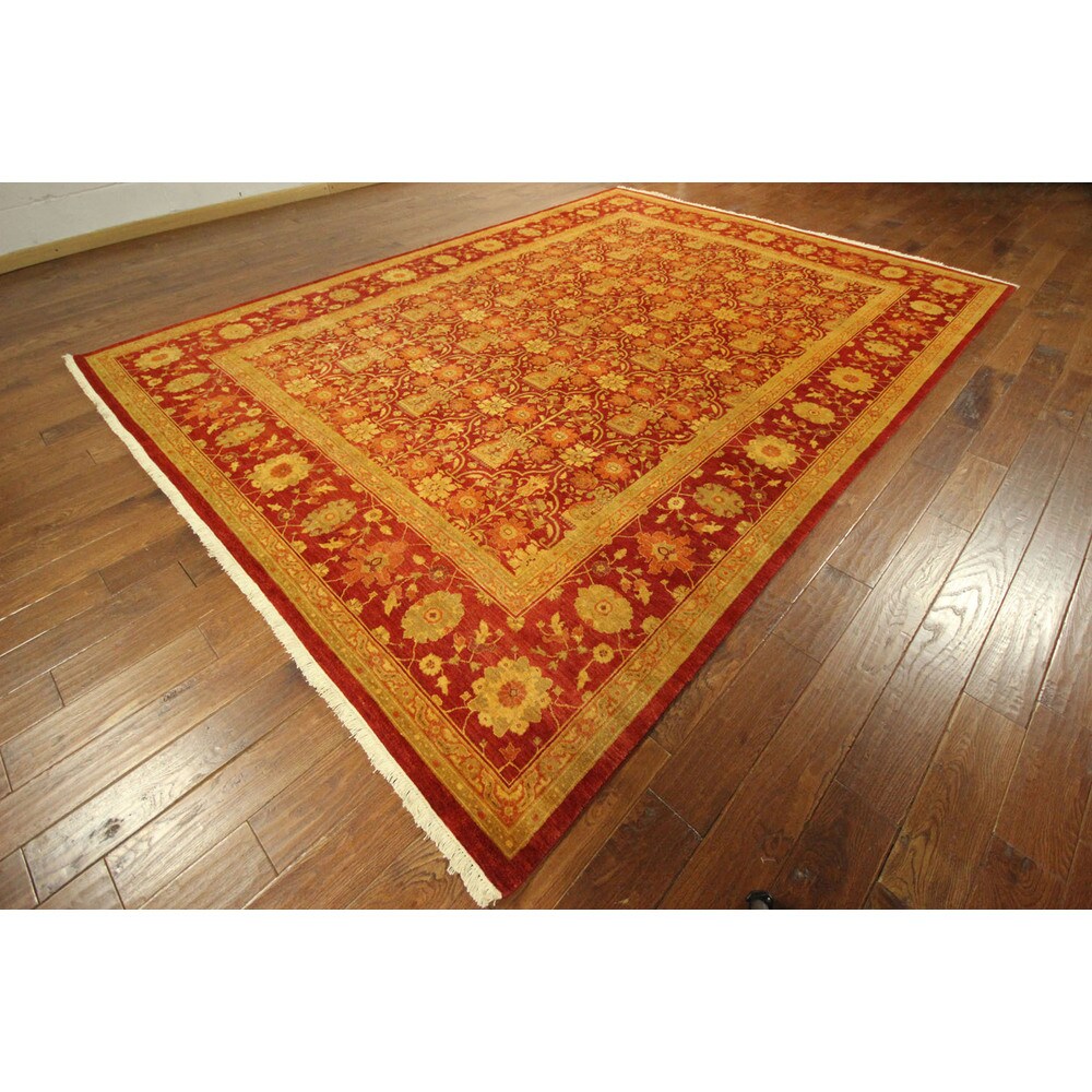 Hand-Knotted Wool Oriental Floral Red Chobi Rug (9'1 x 12'3)