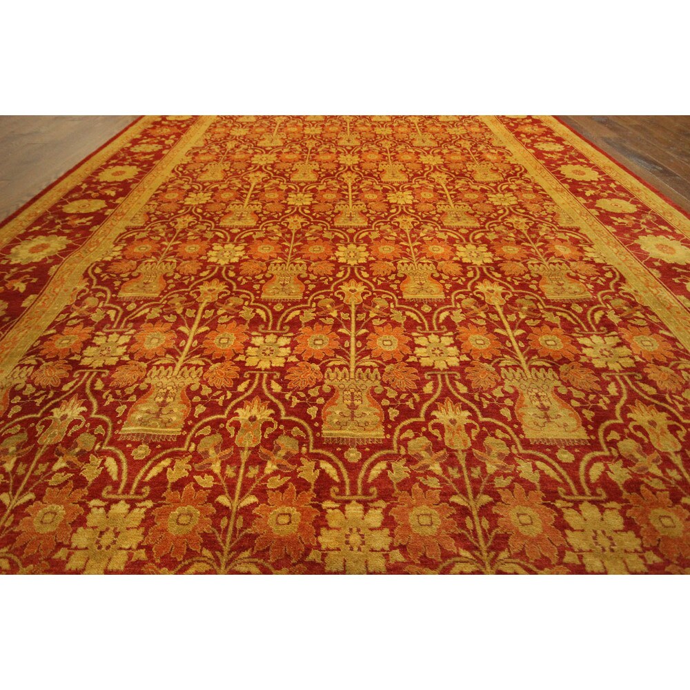 Hand-Knotted Wool Oriental Floral Red Chobi Rug (9'1 x 12'3)