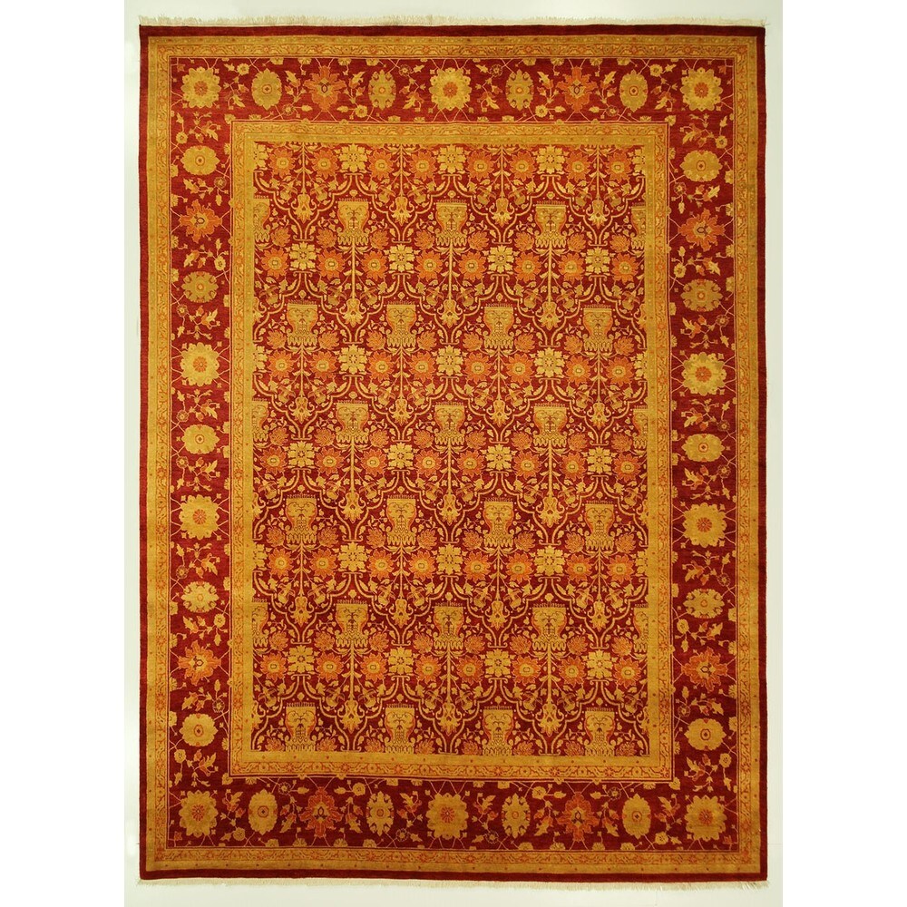 Hand-Knotted Wool Oriental Floral Red Chobi Rug (9'1 x 12'3)