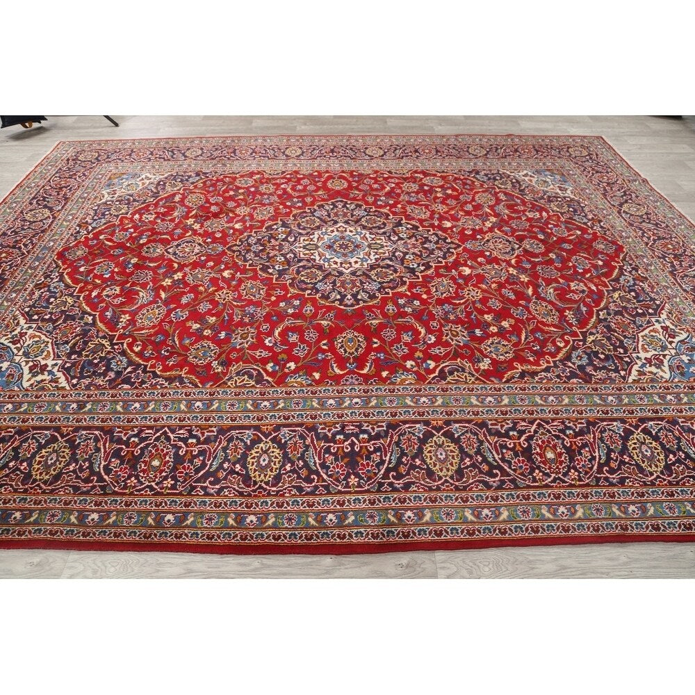 Hand Knotted Wool Traditional Kashan Persian Medallion Area Rug - 12'7" x 9'8"