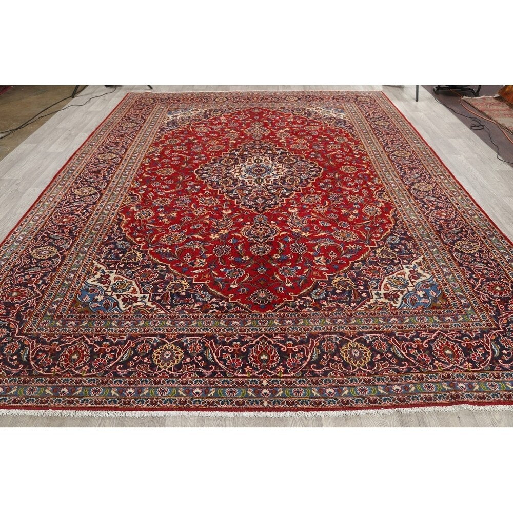 Hand Knotted Wool Traditional Kashan Persian Medallion Area Rug - 12'7" x 9'8"