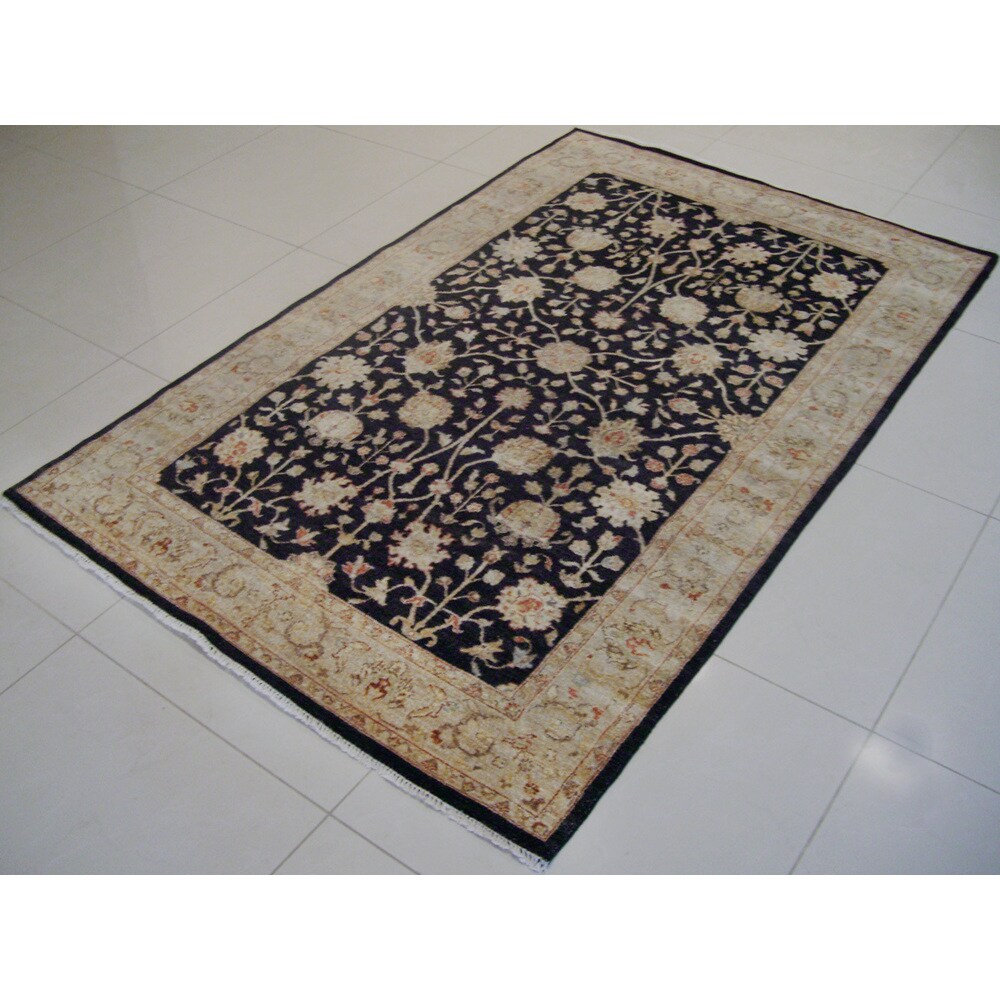 Hand Knotted Ziegler Black Beige Vegetable Dyes Wool Rug