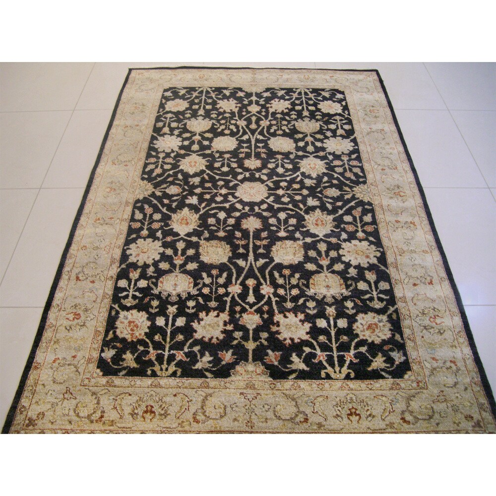 Hand Knotted Ziegler Black Beige Vegetable Dyes Wool Rug