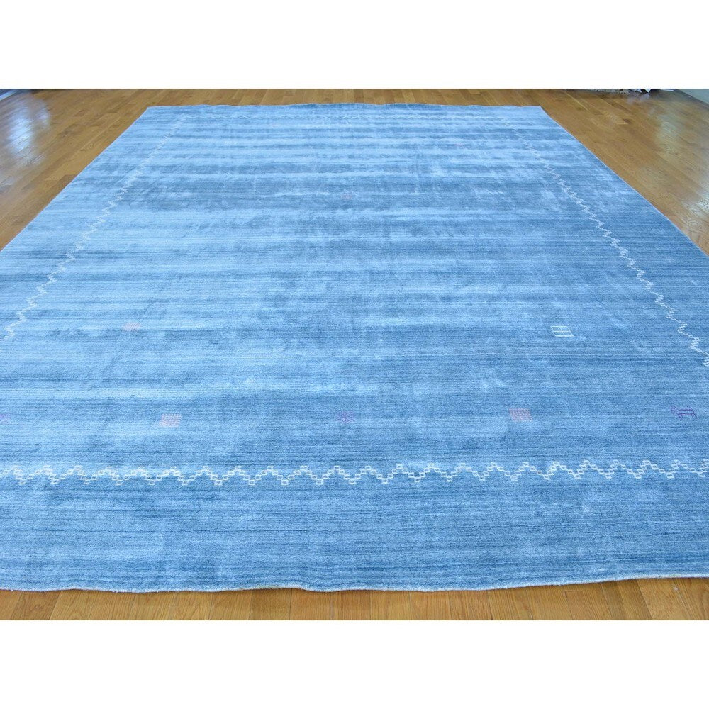 Hand Loomed Rayon from Bamboo Silk Modern Gabbeh Sky Blue Rug