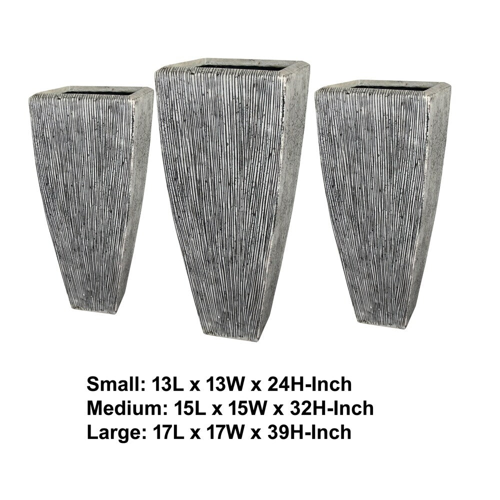 Hand Made Square Ribbed Planter with Tapered Bottom, White, Set of 3