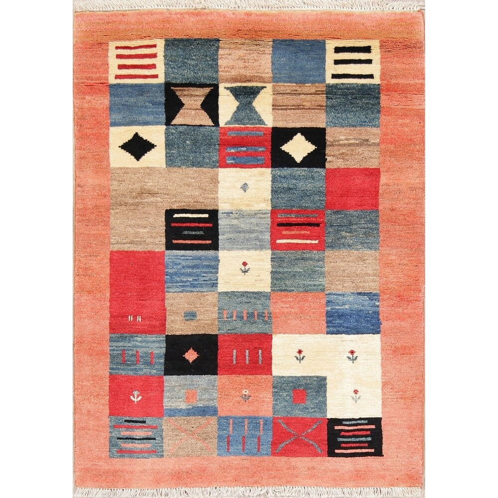 Hand Made Wool Modern Gabbeh Persian Oriental Checked Area Rug - 5'2" x 3'8"