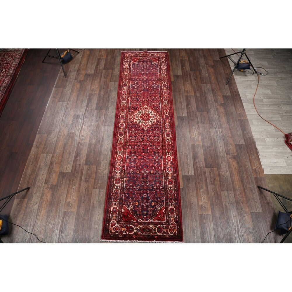 Hand Made Wool Traditional Hamadan Persian Geometric Rug - 13'11" x 3'8" runner