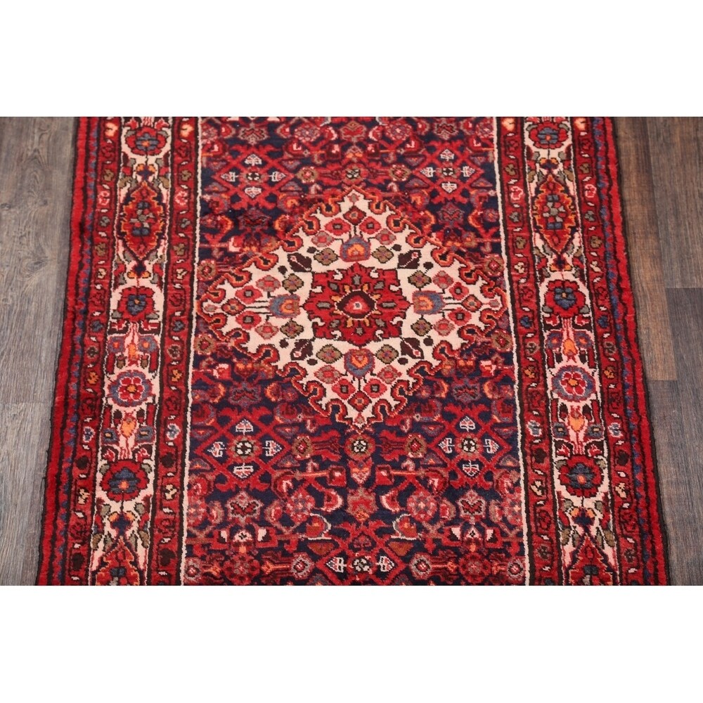 Hand Made Wool Traditional Hamadan Persian Geometric Rug - 13'11" x 3'8" runner