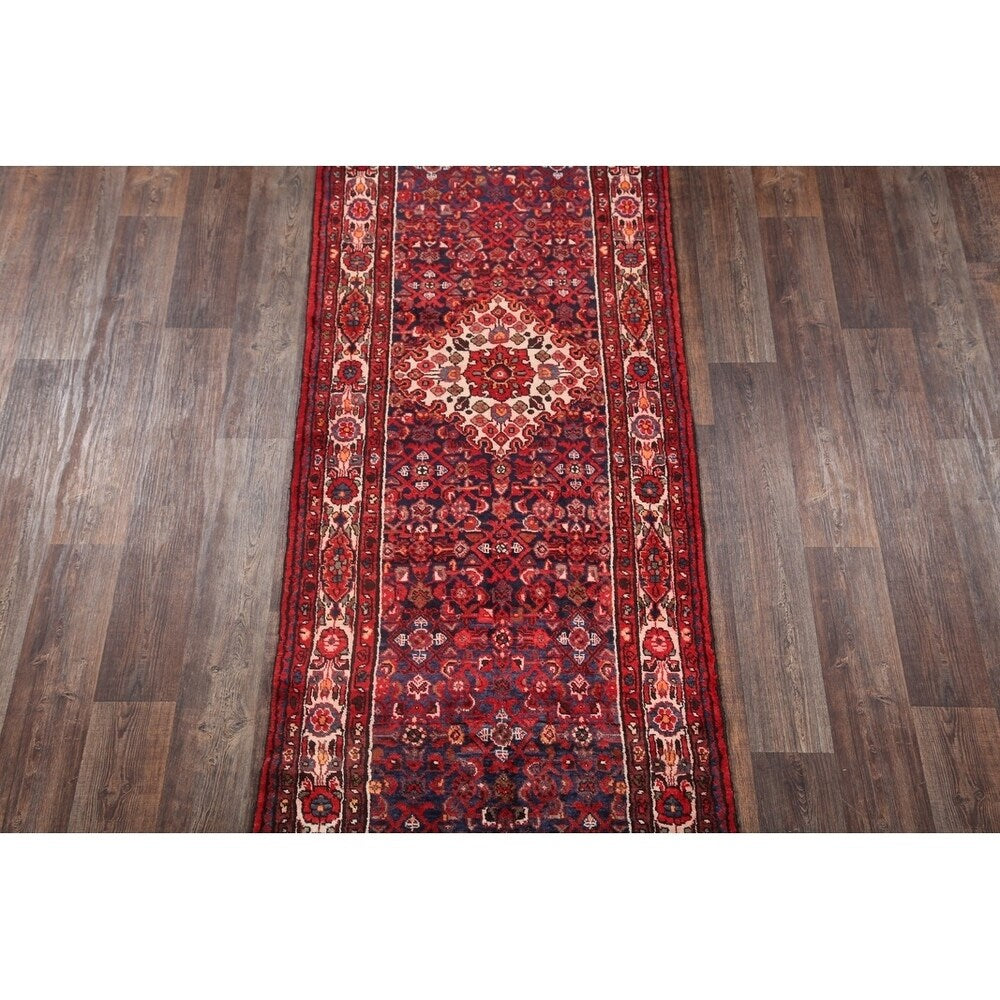 Hand Made Wool Traditional Hamadan Persian Geometric Rug - 13'11" x 3'8" runner