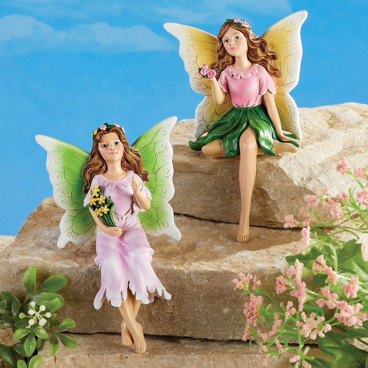 Hand-Painted 2-Piece Fairy Garden Sitter Figurines Set - 11.500 x 9.000 x 6.000