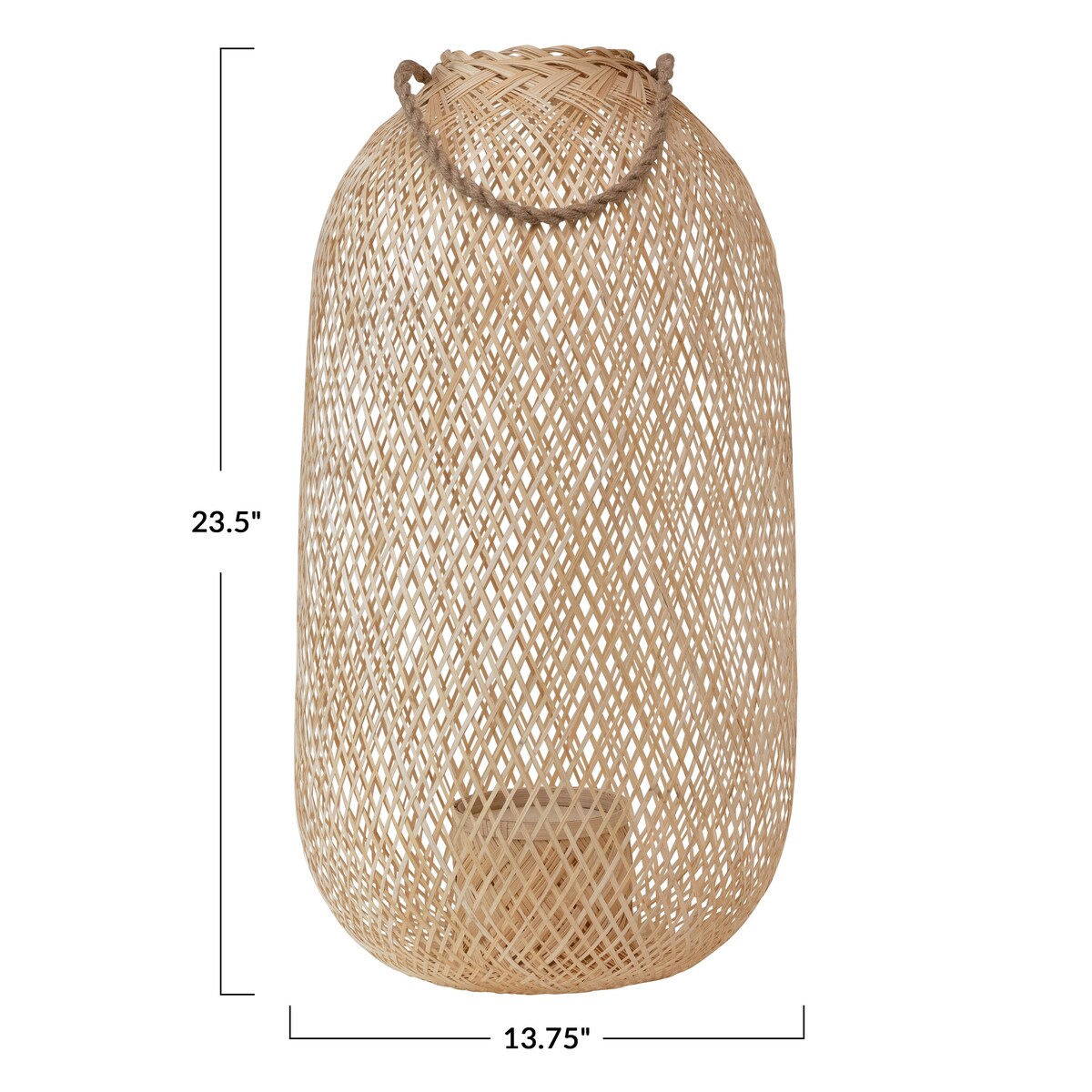 Hand-Woven Bamboo Lantern with Jute Handle & Glass Insert - 13.8"L x 13.8"W x 23.5"H