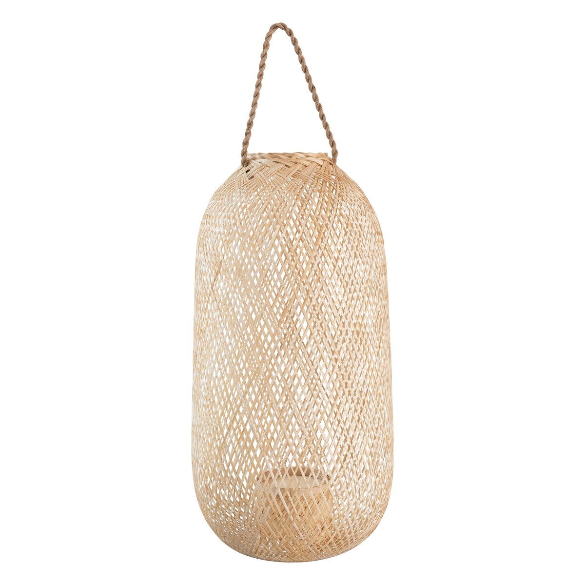 Hand-Woven Bamboo Lantern with Jute Handle & Glass Insert - 13.8"L x 13.8"W x 23.5"H