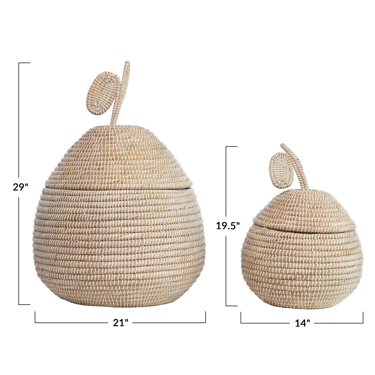 Hand-Woven Grass Pear Shaped Baskets with Lids, White & Natural, Set of 2