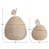 Hand-Woven Grass Pear Shaped Baskets with Lids, White & Natural, Set of 2