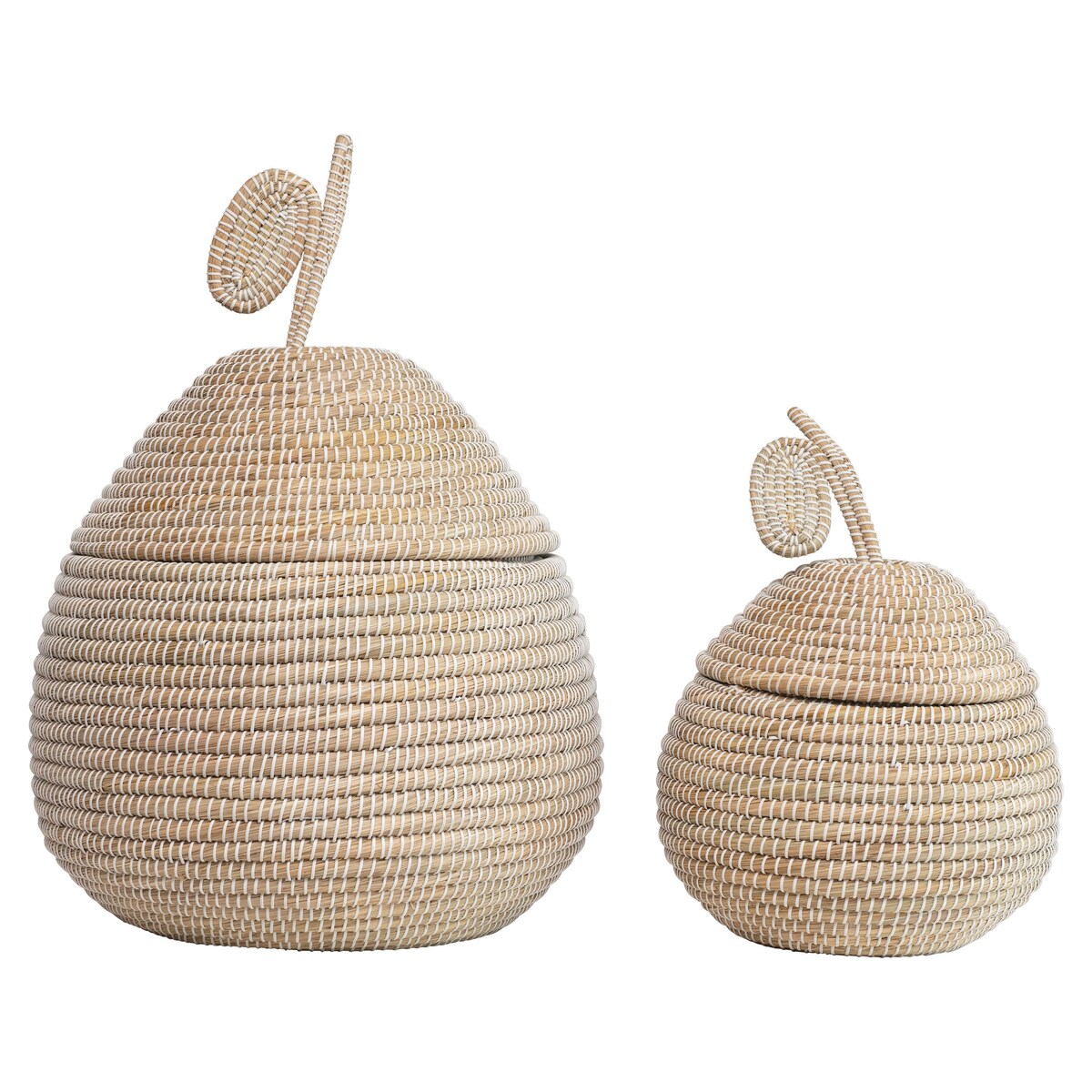 Hand-Woven Grass Pear Shaped Baskets with Lids, White & Natural, Set of 2