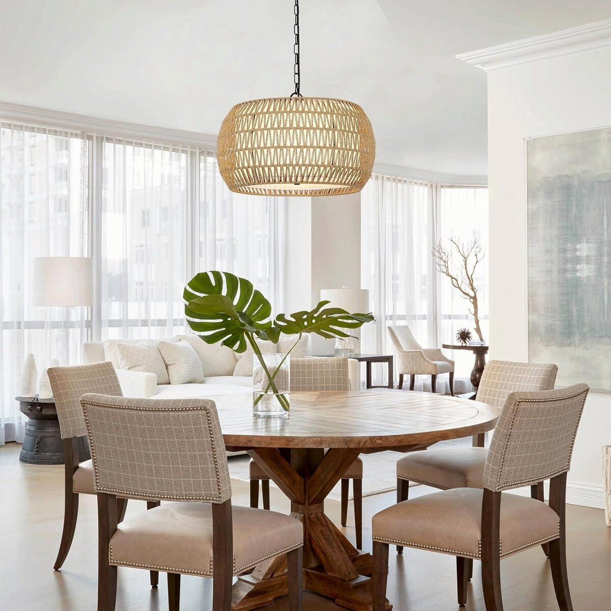 Hand-Woven Natural Rattan 5-Light Farmhouse Chandelier with Adjustable Height