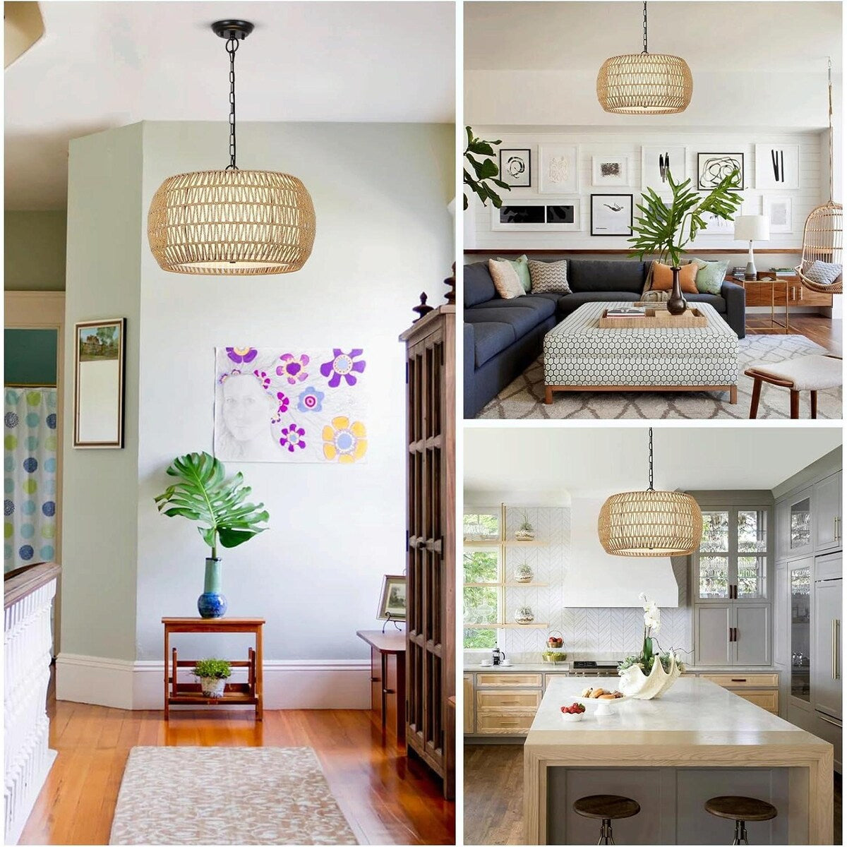 Hand-Woven Natural Rattan 5-Light Farmhouse Chandelier with Adjustable Height