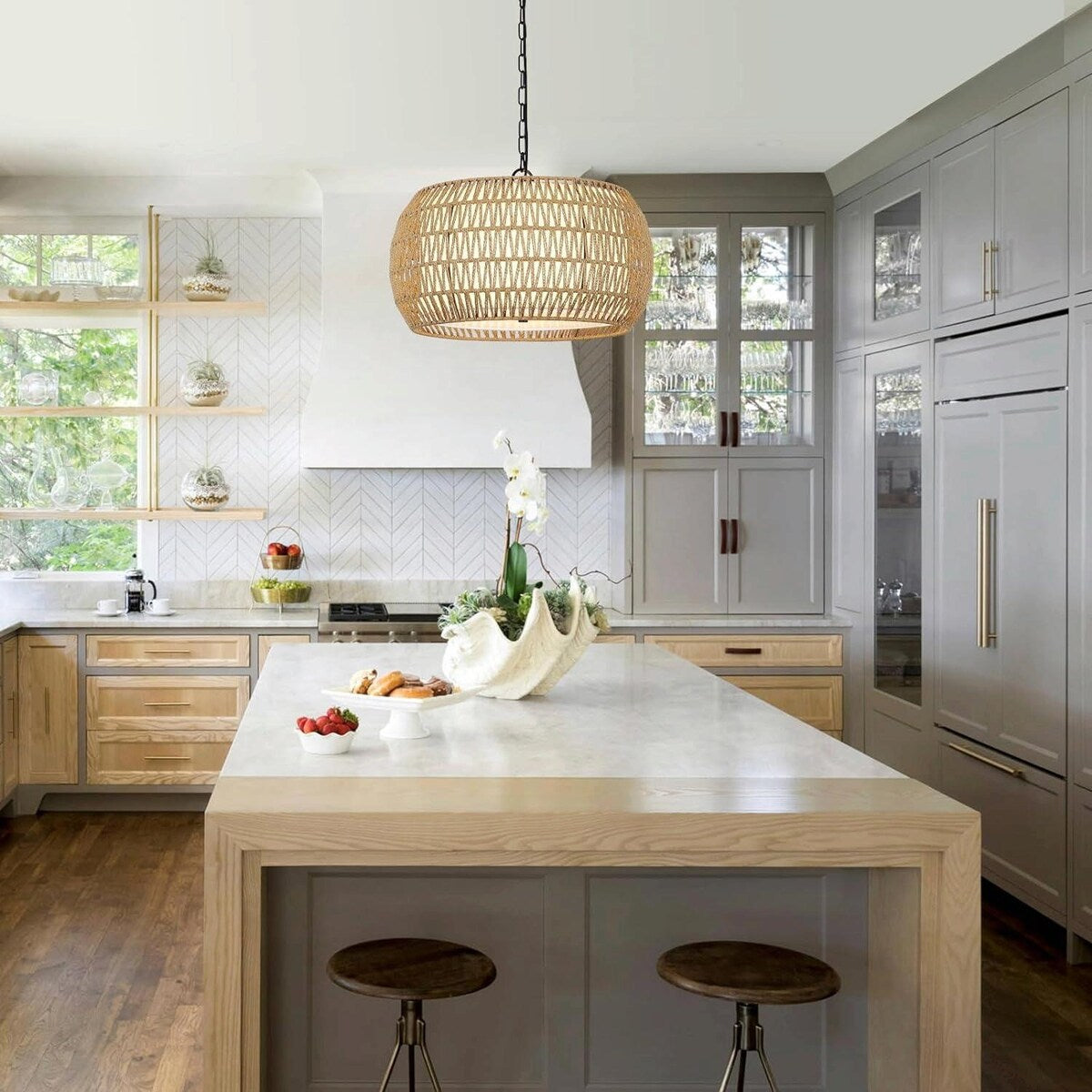 Hand-Woven Natural Rattan 5-Light Farmhouse Chandelier with Adjustable Height