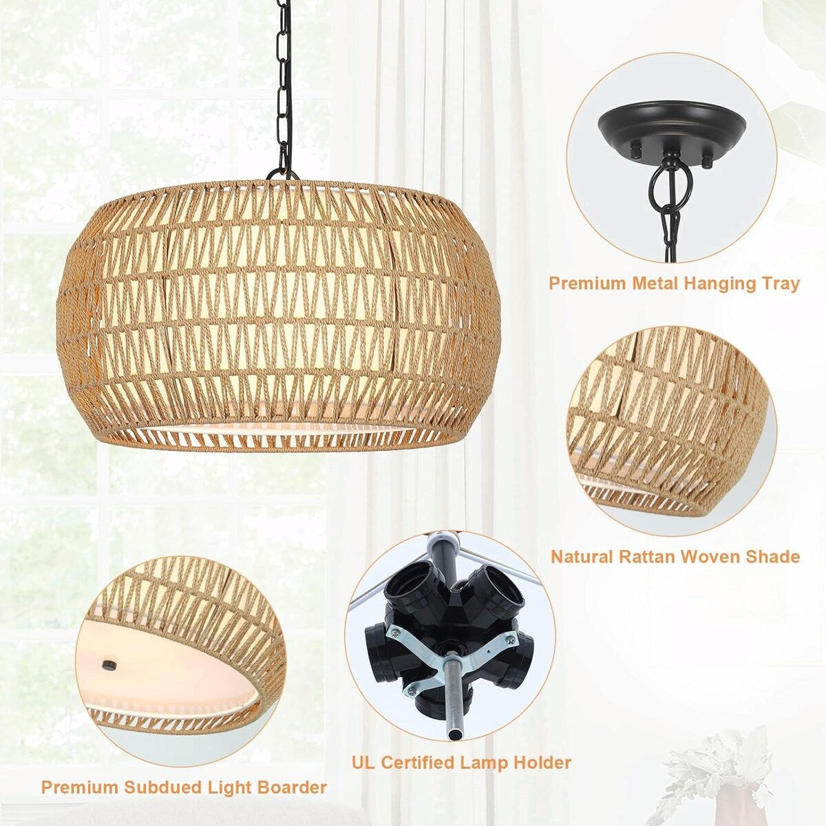Hand-Woven Natural Rattan 5-Light Farmhouse Chandelier with Adjustable Height