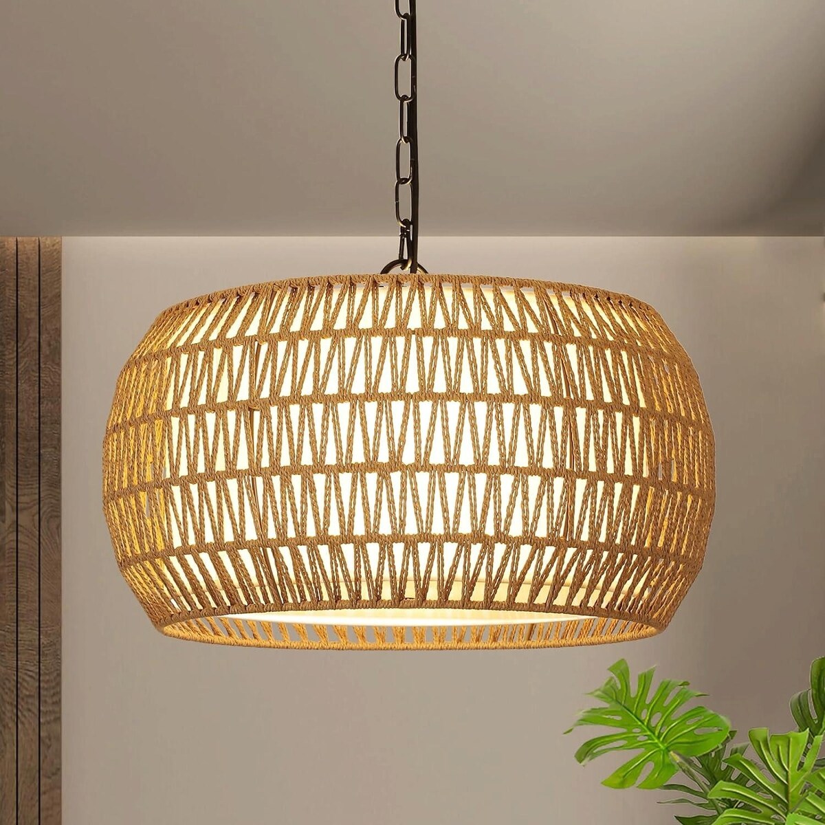 Hand-Woven Natural Rattan 5-Light Farmhouse Chandelier with Adjustable Height