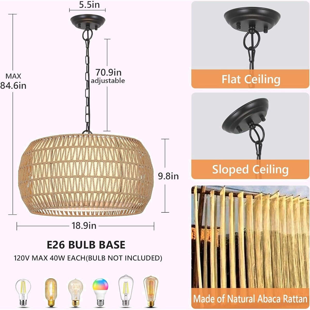 Hand-Woven Natural Rattan 5-Light Farmhouse Chandelier with Adjustable Height