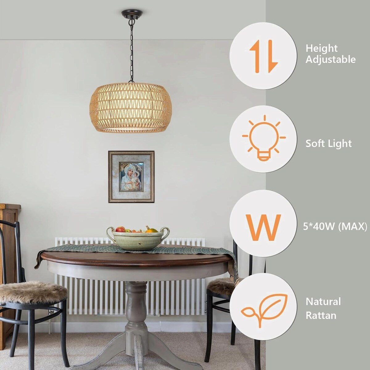 Hand-Woven Natural Rattan 5-Light Farmhouse Chandelier with Adjustable Height