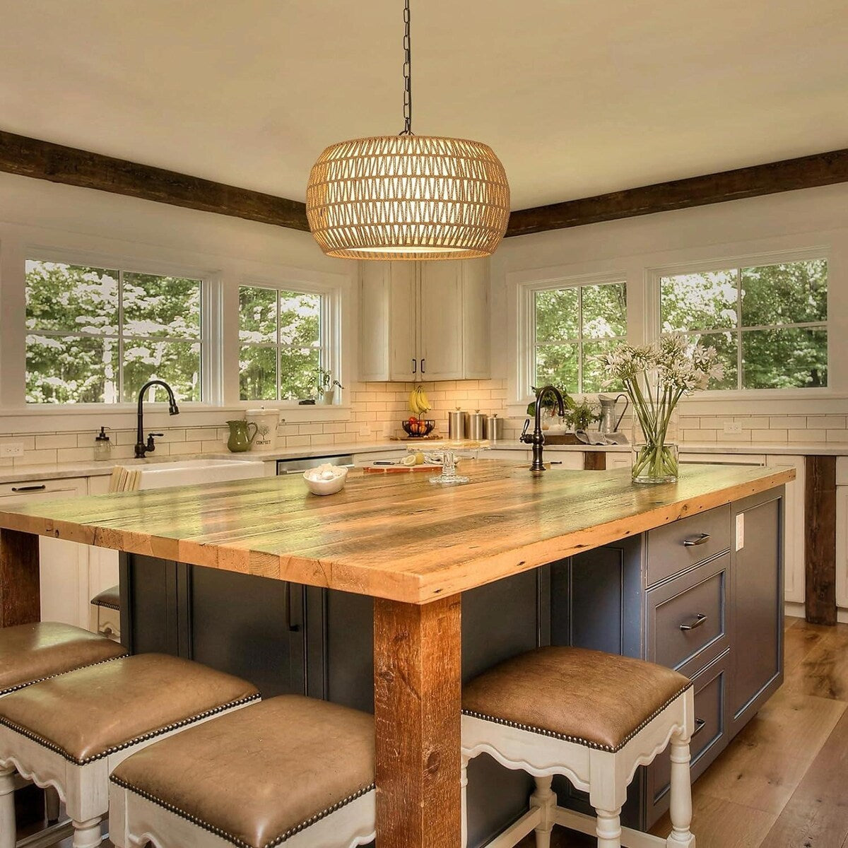 Hand-Woven Natural Rattan 5-Light Farmhouse Chandelier with Adjustable Height