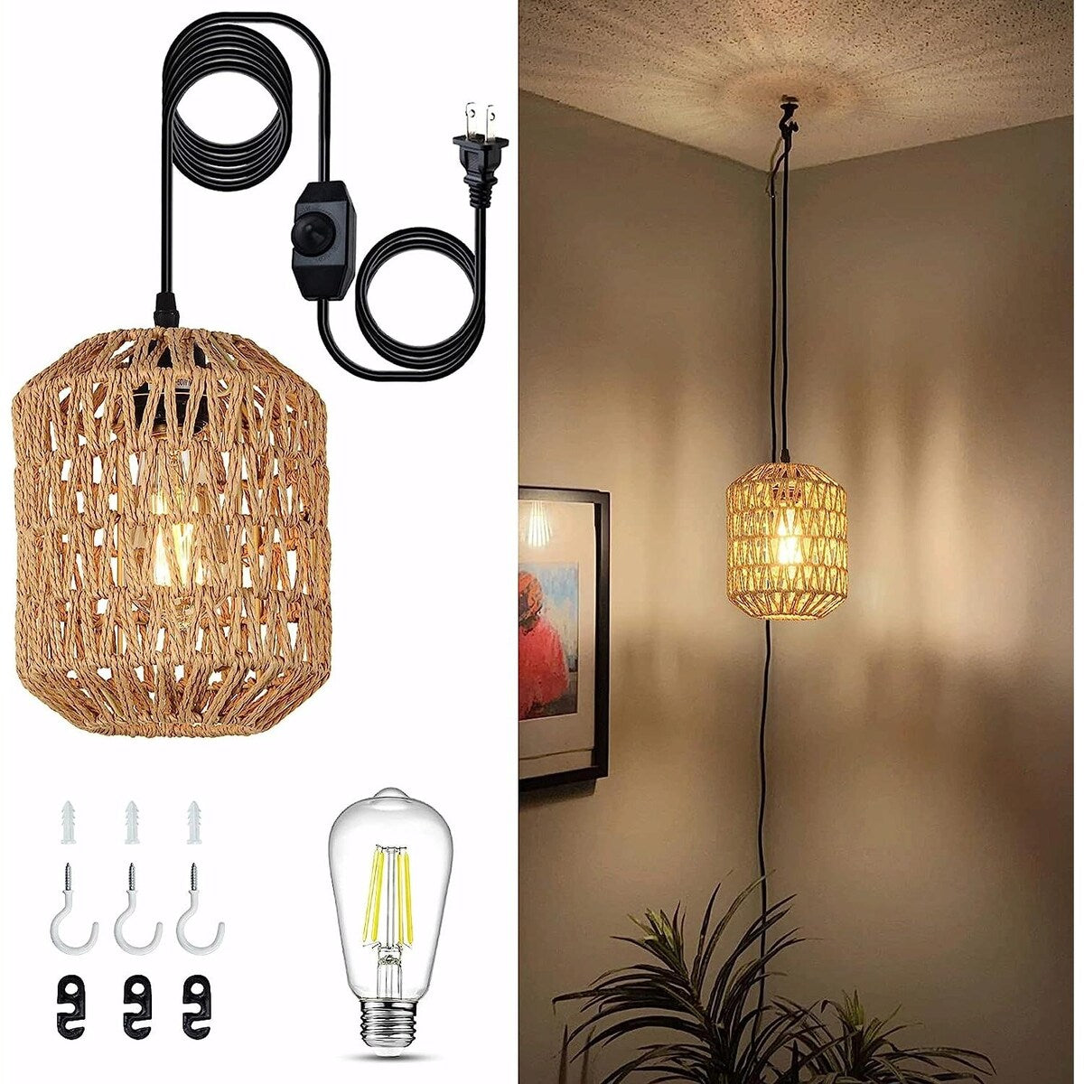 Hand-Woven Rattan Pendant Light - Includes Dimmable LED Bulb, 16ft Cor