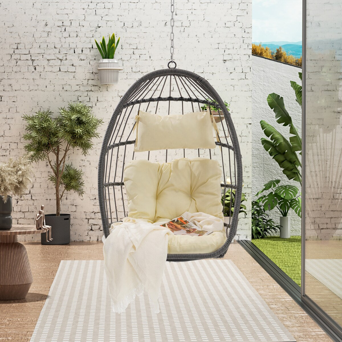 Hand Woven Rattan Swing Chair Hang Chair, Beige Egg Chair