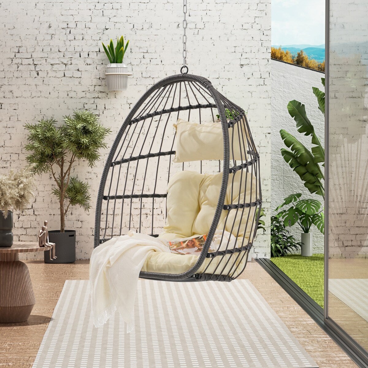 Hand Woven Rattan Swing Chair Hang Chair, Beige Egg Chair