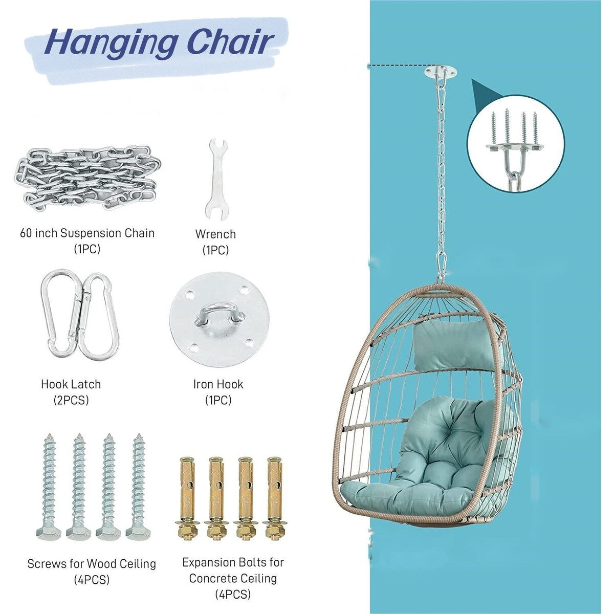 Hand Woven Rattan Swing Chair Hang Chair, Beige Egg Chair