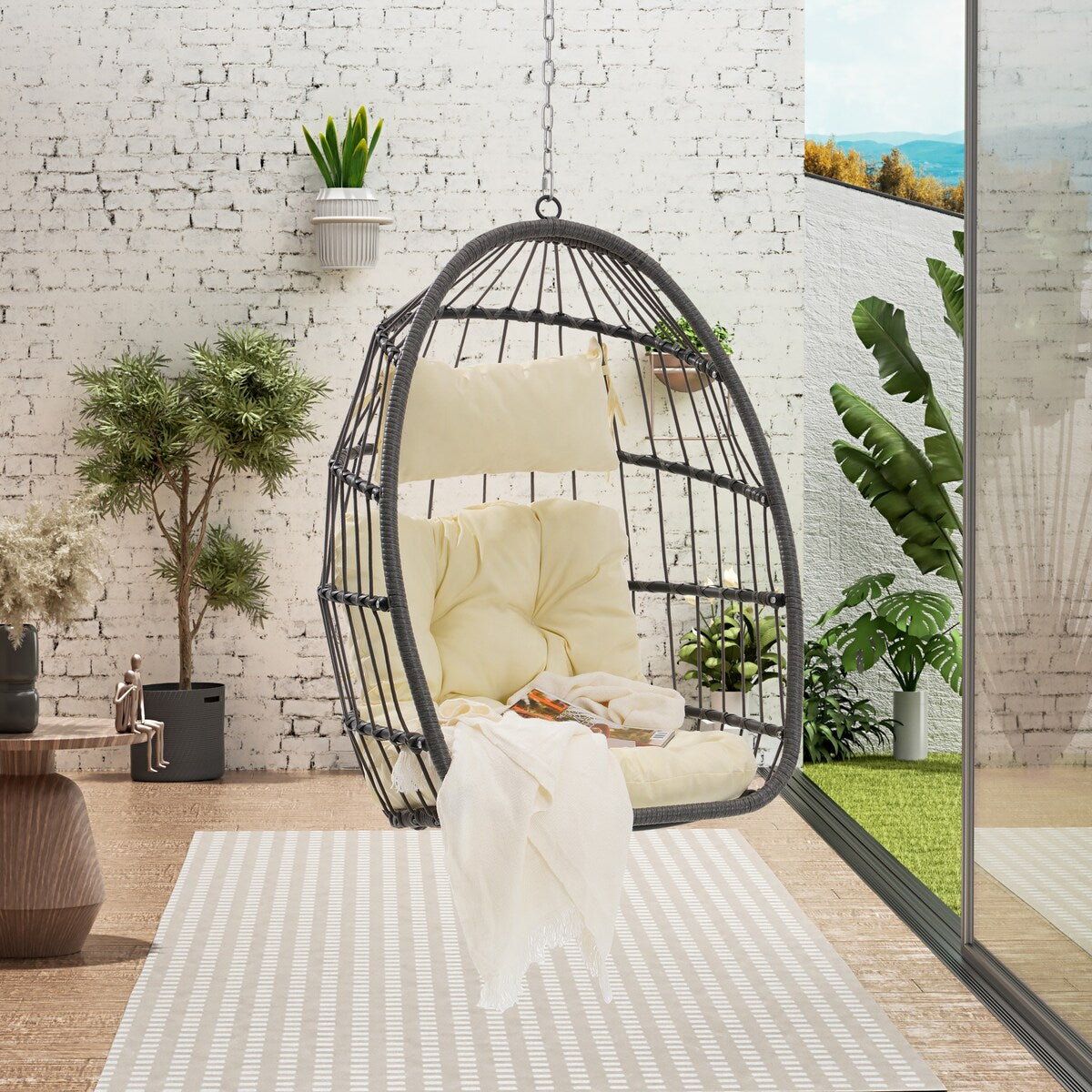 Hand Woven Rattan Swing Chair Hang Chair, Beige Egg Chair
