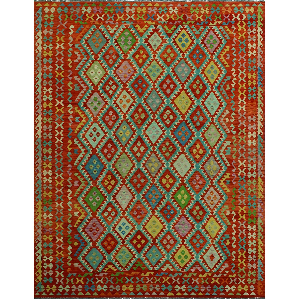 Hand-Woven Sangat Kilim Dulcelin Rust/Blue Rug - 9'7" x 12'8"